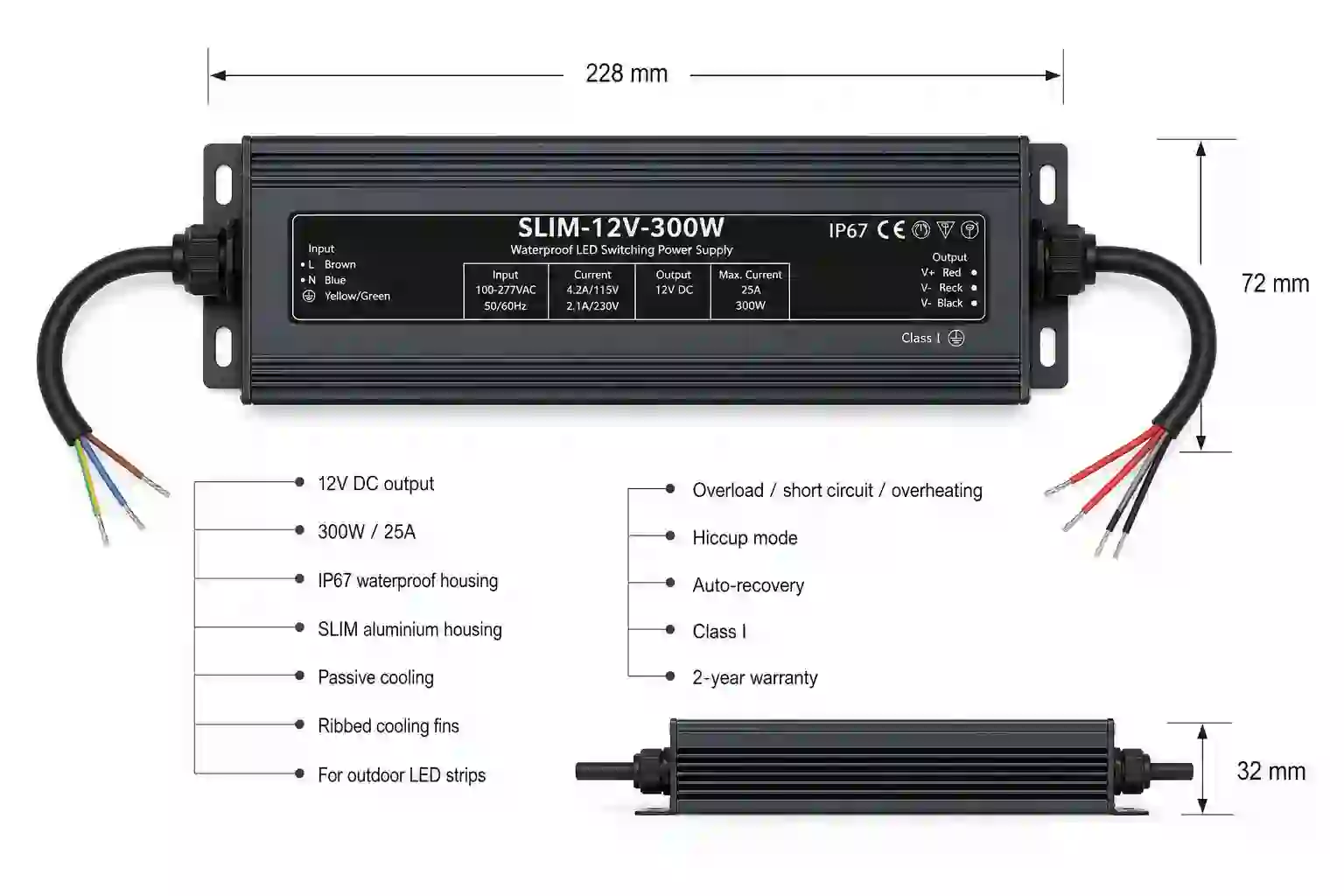 Rozměry a certifikace voděodolného SLIM LED zdroje 12V 300W IP67 228x72x32mm třída I záruka 2 roky